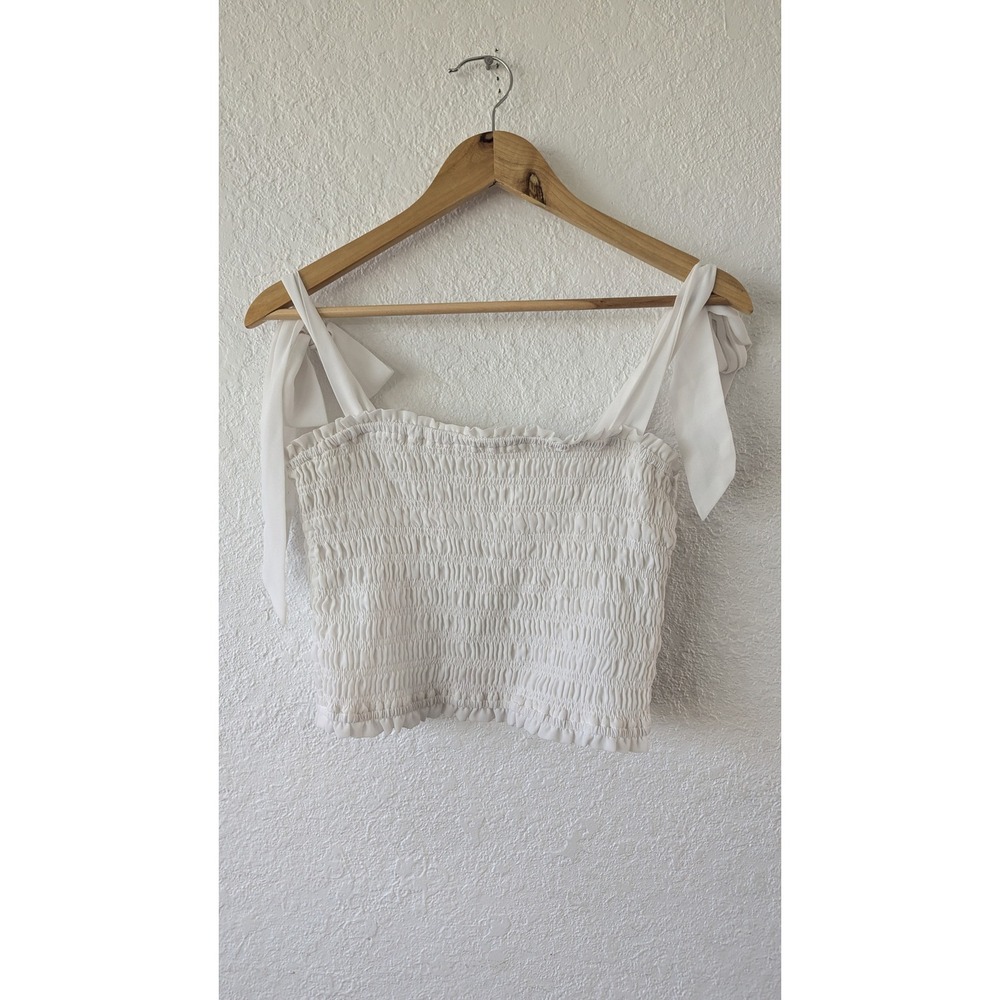 White Smocked Tie Shoulder Crop‎ Top Ruffle Trim MT5952 Womens Large